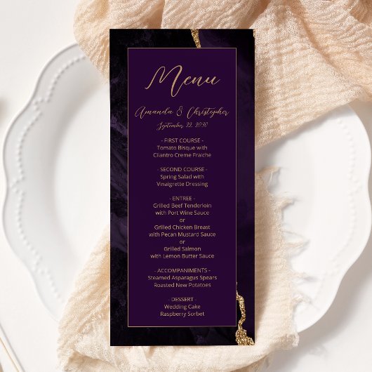 Moderne Paarse Gouden Agaat Pruim Bruiloft Menu