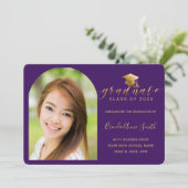 Moderne paarse gouden dop script foto afstuderen aankondiging (Staand voorkant)
