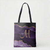 Moderne Paarse Gouden Glitter Agaat Monogram Naam Tote Bag (Voorkant)