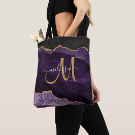 Moderne Paarse Gouden Glitter Agaat Monogram Naam Tote Bag