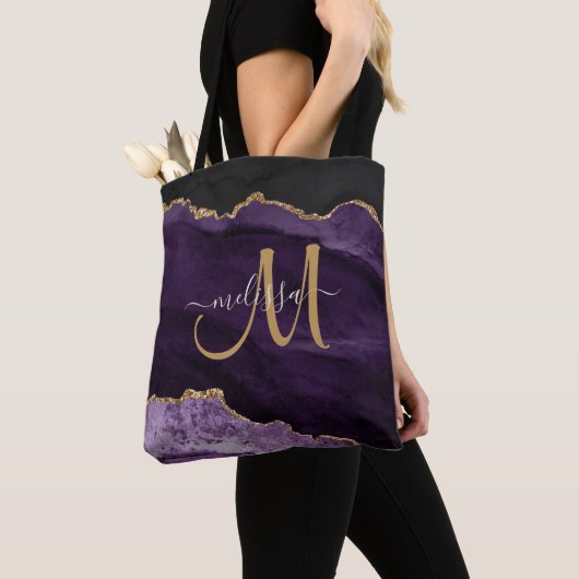 Moderne Paarse Gouden Glitter Agaat Monogram Naam Tote Bag (Dichtbij)