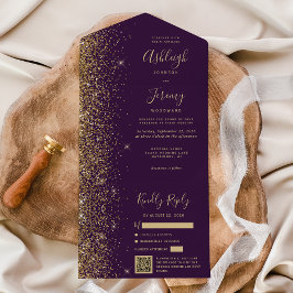 Moderne Paarse Gouden Glitter QR Code Huwelijk All In One Uitnodiging