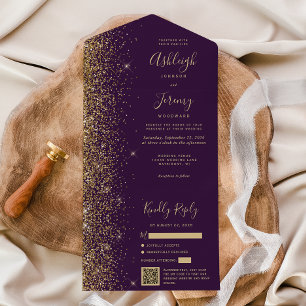 Moderne Paarse Gouden Glitter QR Code Huwelijk All In One Uitnodiging