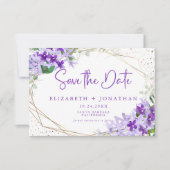 Moderne Paarse Gouden Groene Bloemen Krans Bruilof Save The Date (Voorkant)