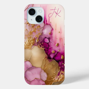 Moderne Paarse Gouden Marmer Monogram Gepersonalis iPhone 15 Case