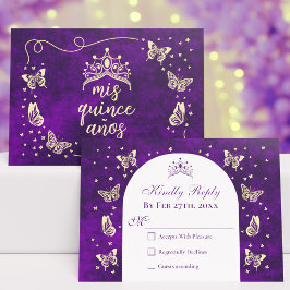 Moderne Paarse gouden Tiara vlinders Quinceañera RSVP Kaartje