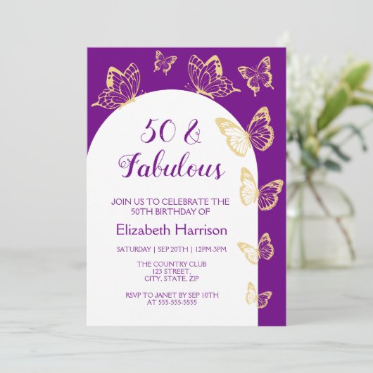 Moderne Paarse gouden vlinder Fabulous Birthday Kaart (Staand voorkant)