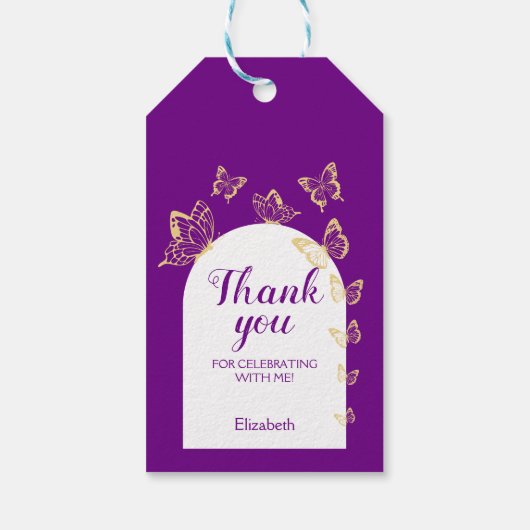 Moderne Paarse gouden vlinders Fabulous Birthday Cadeaulabel (Achterkant)