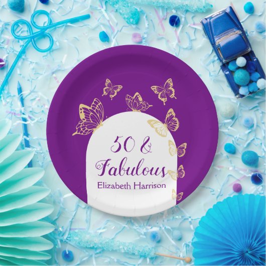 Moderne Paarse gouden vlinders Fabulous Birthday Papieren Bordje (Feest)