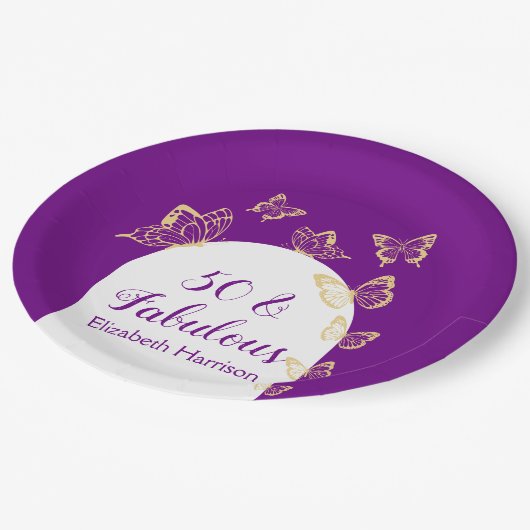 Moderne Paarse gouden vlinders Fabulous Birthday Papieren Bordje (Gekanteld)