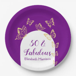 Moderne Paarse gouden vlinders Fabulous Birthday Papieren Bordje