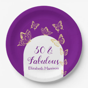Moderne Paarse gouden vlinders Fabulous Birthday Papieren Bordje