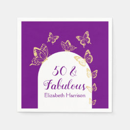 Moderne Paarse gouden vlinders Fabulous Birthday Servet