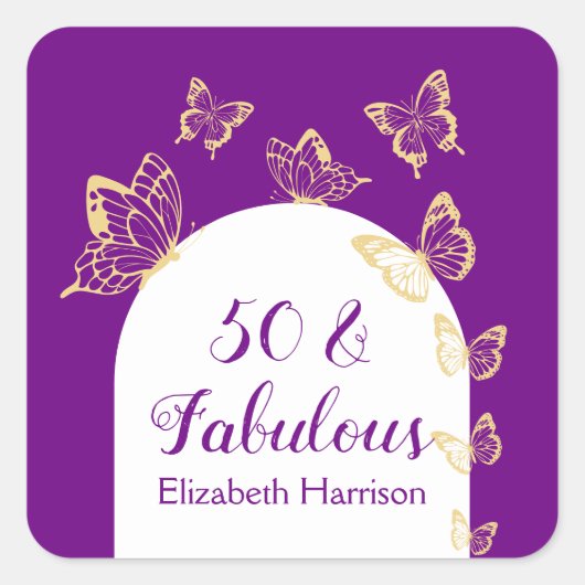 Moderne Paarse gouden vlinders Fabulous Birthday Vierkante Sticker (Voorkant)
