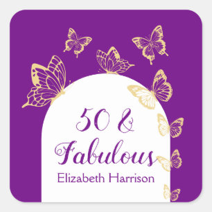 Moderne Paarse gouden vlinders Fabulous Birthday Vierkante Sticker