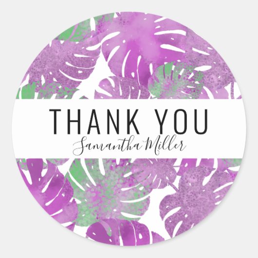 Moderne paarse groene tropische monstera plant bla ronde sticker (Voorkant)