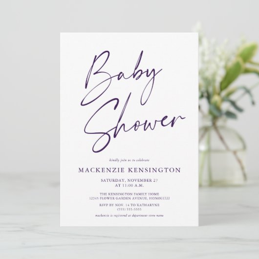 Moderne Paarse handgeschreven Baby shower van het  Kaart (Staand voorkant)