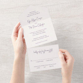 Moderne paarse handgeschreven script elegante trou all in one uitnodiging