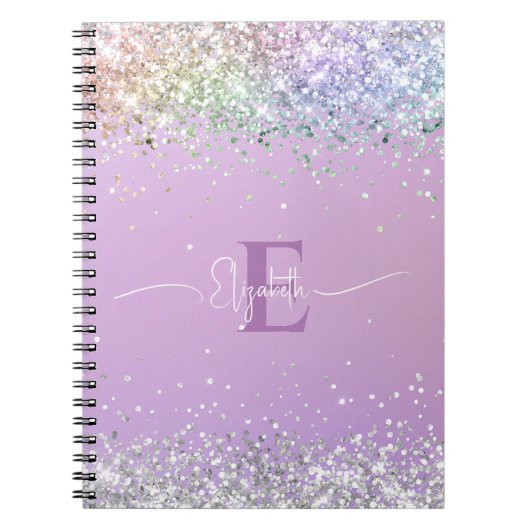 Moderne Paarse Holografische Faux Glitter Monogram Notitieboek (Voorkant)