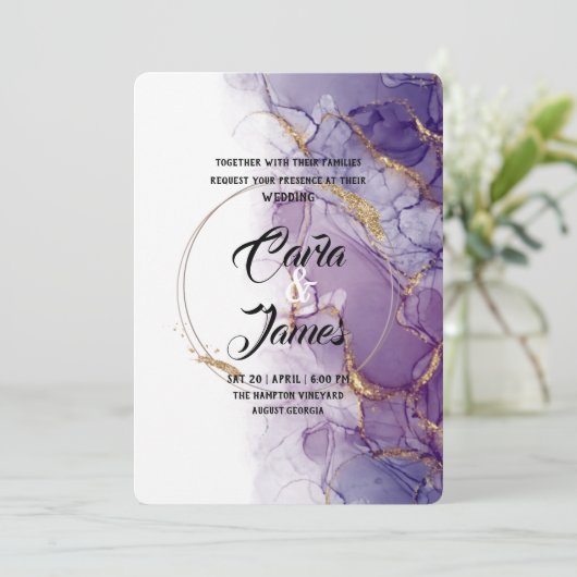 moderne paarse inkt Waterverf elegant bruiloft Kaart (Staand voorkant)