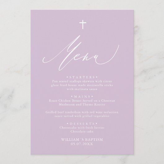 Moderne Paarse Kaart in het menu Baptisme voor kru (Voorkant)