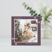 Moderne Paarse Kat Hond Eigenaar Foto Kerstkaart (Staand voorkant)