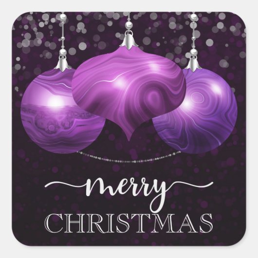 Moderne Paarse Kerstbal van Marmer Vierkante Sticker (Voorkant)