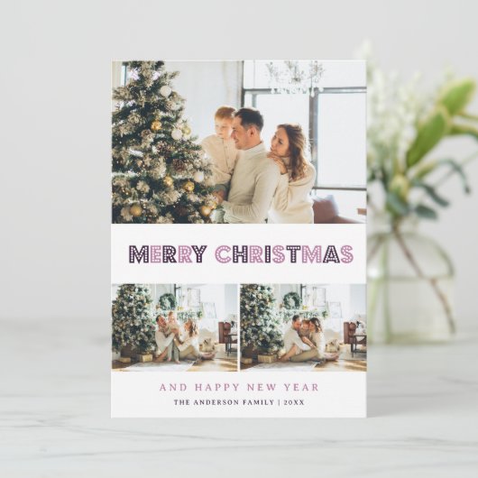 Moderne Paarse kerstfoto Feestdagenkaart (Staand voorkant)