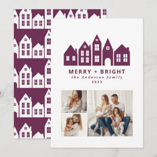 Moderne paarse kersthuizen met minimale kerstmis 3 feestdagenkaart