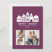 Moderne paarse kersthuizen met minimale kerstmis 3 feestdagenkaart (Voorkant)