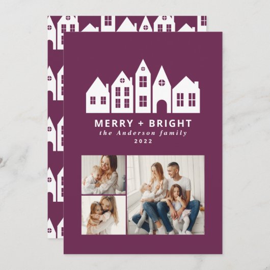 Moderne paarse kersthuizen met minimale kerstmis 3 feestdagenkaart (Voorkant / Achterkant)