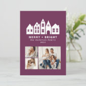 Moderne paarse kersthuizen met minimale kerstmis 3 feestdagenkaart (Staand voorkant)