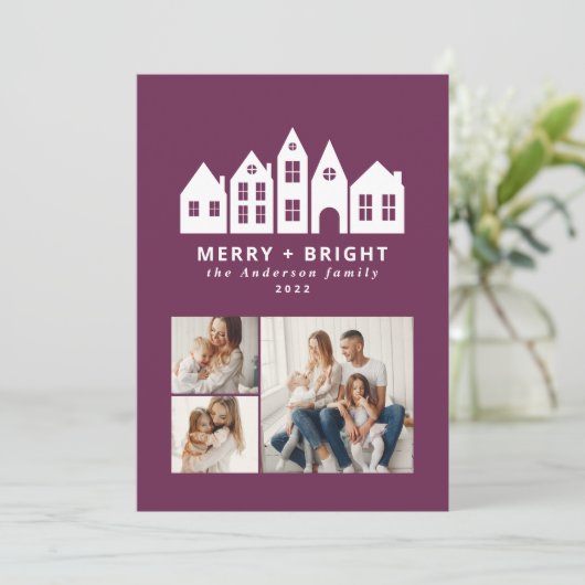 Moderne paarse kersthuizen met minimale kerstmis 3 feestdagenkaart (Staand voorkant)