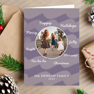 Moderne Paarse Kerstwensen Familie Foto Feestdagen Kaart