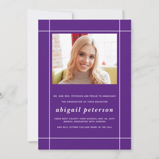 Moderne paarse Klasse van 2025 afstuderen foto Aankondiging (Achterkant)