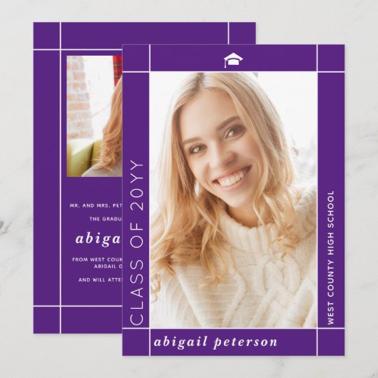 Moderne paarse Klasse van 2025 afstuderen foto Aankondiging (Voorkant / Achterkant)