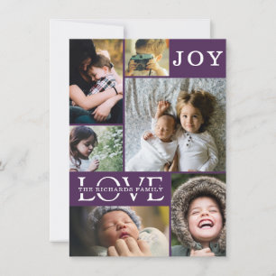 Moderne Paarse Kleurblok Familie 6 Foto Collage Feestdagenkaart