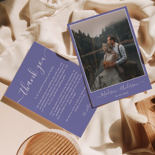 Moderne Paarse lavendel met twee foto bruiloft Bedankkaart
