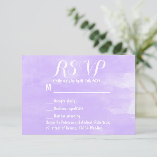 Moderne paarse lavendel waterverf bruiloft RSVP (Staand voorkant)
