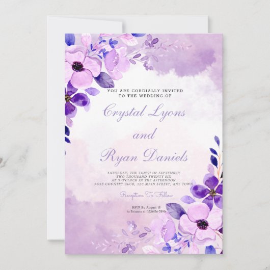 Moderne Paarse lavender Waterverf Floral Wedding Kaart (Voorkant)