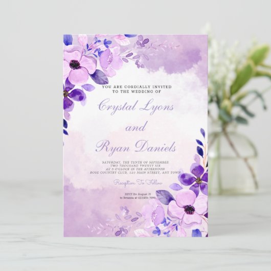 Moderne Paarse lavender Waterverf Floral Wedding Kaart (Staand voorkant)