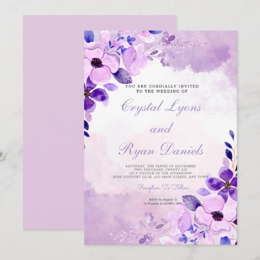 Moderne Paarse lavender Waterverf Floral Wedding Kaart (Voorkant / Achterkant)