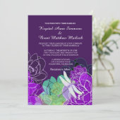 Moderne Paarse libel bloemige bruiloft uitnodiging (Staand voorkant)