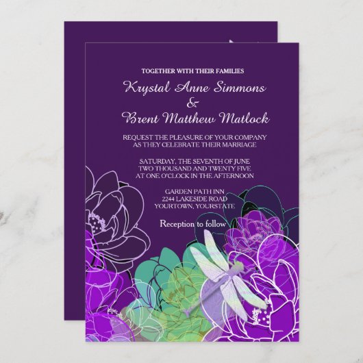 Moderne Paarse libel bloemige bruiloft uitnodiging (Voorkant / Achterkant)