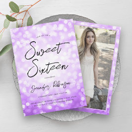Moderne Paarse Lichten Foto Sweet 16 Party Kaart