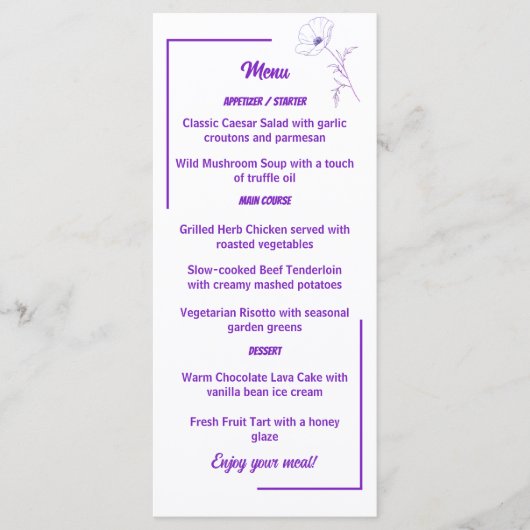 Moderne paarse lijn kunst bloemkaart bruiloftsmenu menu (Voorkant)