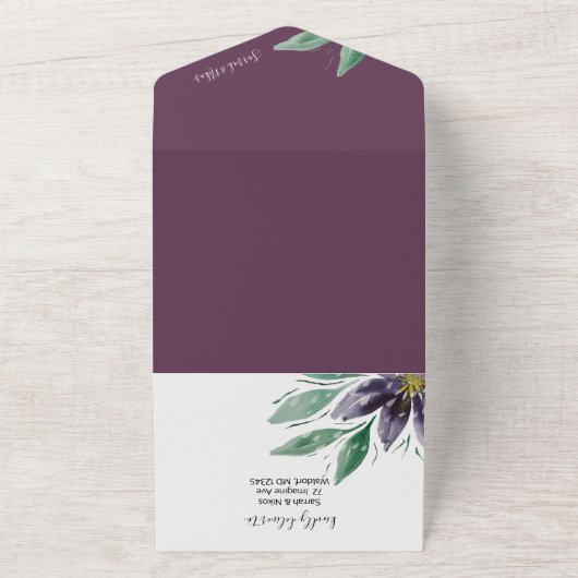 Moderne Paarse Lotus Watercolor Handgeschilderd All In One Uitnodiging (Buitenkant)