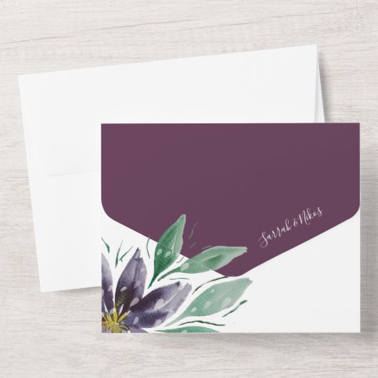 Moderne Paarse Lotus Waterverf met handbeschilderd All In One Uitnodiging (Achterkant)