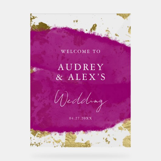 Moderne Paarse magenta gouden bruiloft welkom Acryl Bord (Voorkant)