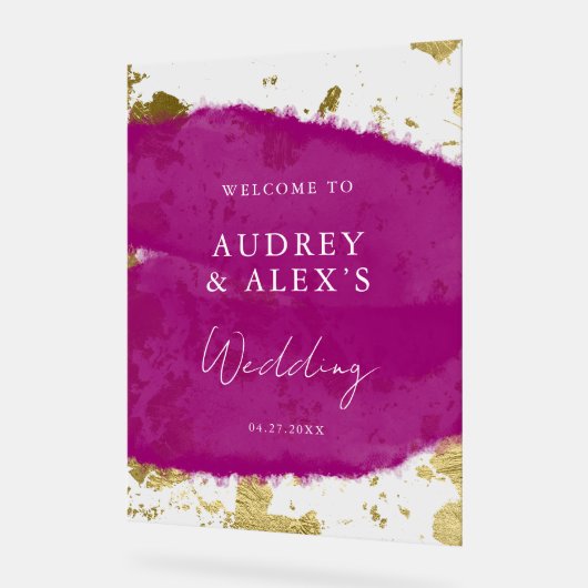 Moderne Paarse magenta gouden bruiloft welkom Acryl Bord (Hoek)